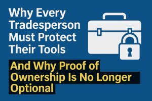 Graphic showing a toolbox with a padlock and bold text urging tradespeople to protect their tools and prove ownership.