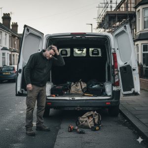 A devastated UK tradesman standing by an empty van after a tool theft.