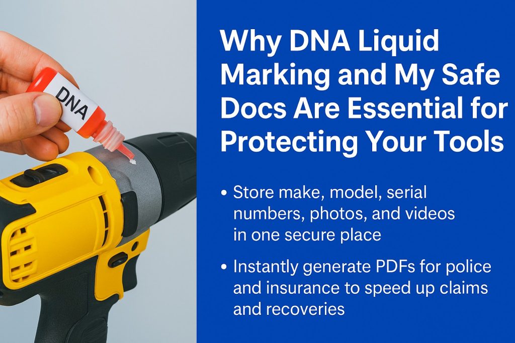 Hand applying DNA liquid to a power drill with blog title and benefits of My Safe Docs displayed