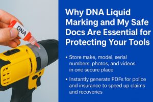 Hand applying DNA liquid to a power drill with blog title and benefits of My Safe Docs displayed