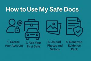 Step-by-step infographic showing how to use My Safe Docs, with icons for account creation, adding a Safe, uploading photos, and generating evidence packs.