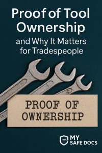 Tools with unique identifiers and a proof of ownership document representing secure registration and recovery for tradespeople