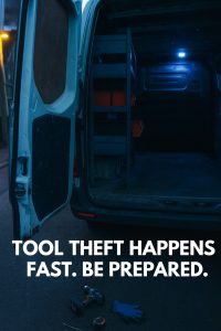 A white van with its side door forced open, showing empty tool racks and scattered tools on the ground, with overlay text reading “Tool Theft Happens Fast. Be Prepared.”