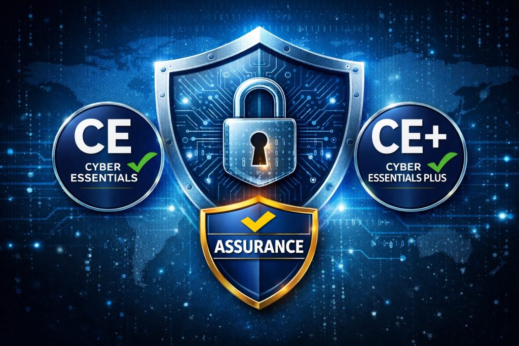 Cyber security shield with glowing padlock and badges for Cyber Essentials, Cyber Essentials Plus, and Cyber Assurance on a digital blue background.