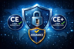 Cyber security shield with glowing padlock and badges for Cyber Essentials, Cyber Essentials Plus, and Cyber Assurance on a digital blue background.